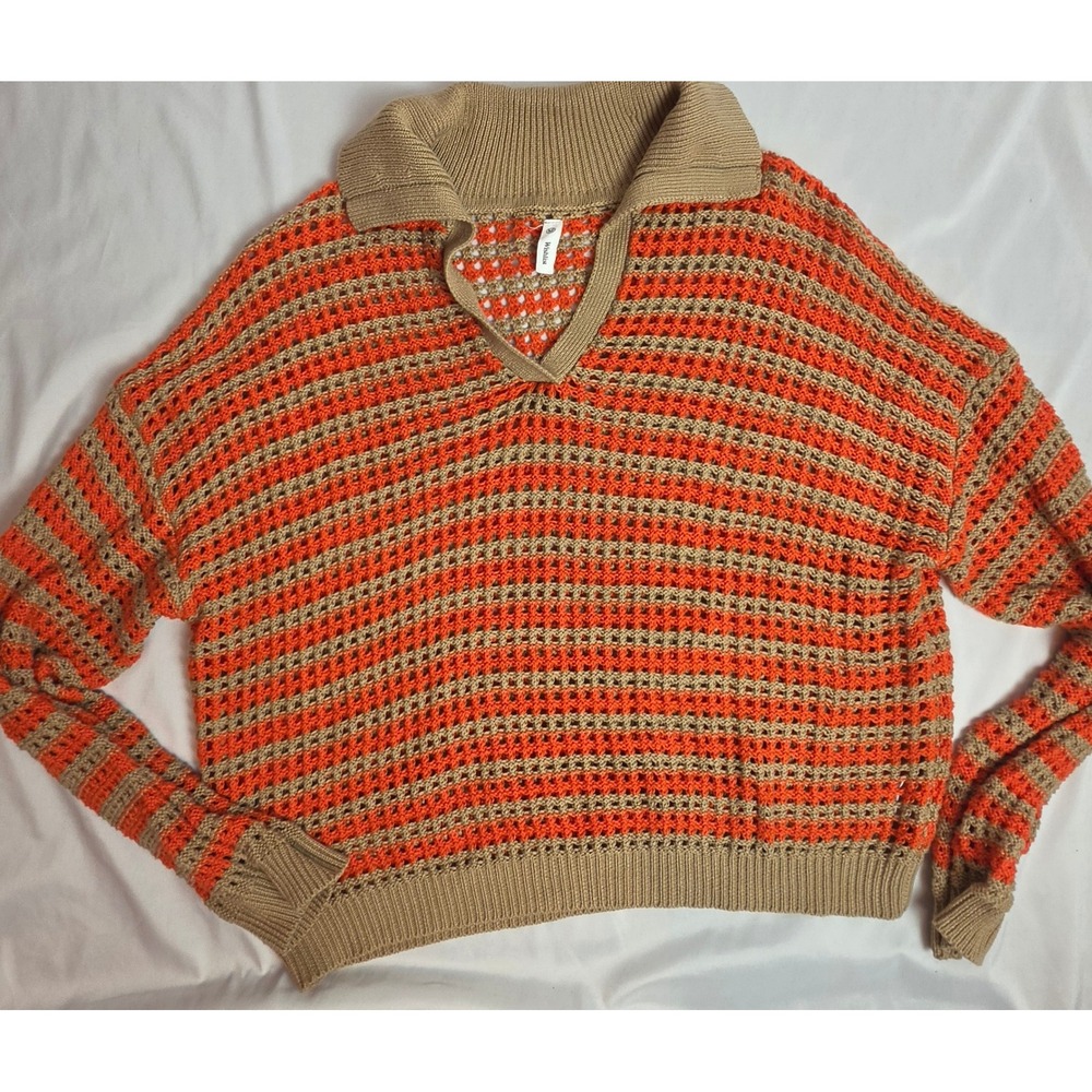Wishlist Open Knit Sweater Orange Tan Striped Boho Retro 70s V-Neck Collar Med